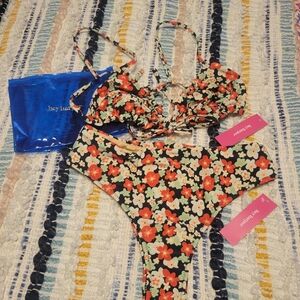 Floral Bikini Set - Black and Red